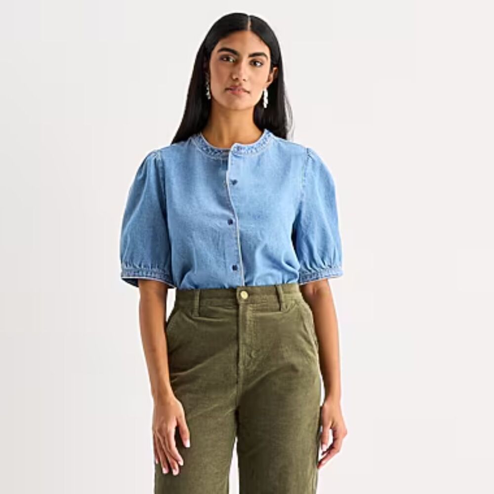 a.n.a | NWT Denim Crew Neck Elbow Sleeve Blouse | Small